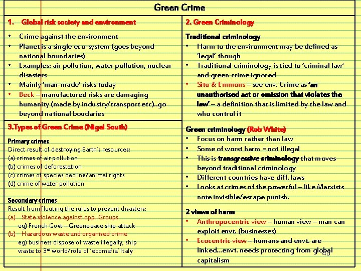 Green Crime 1. Global risk society and environment 2. Green Criminology • • Traditional