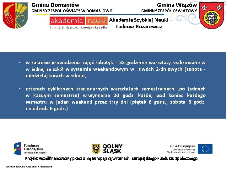 Gmina Domaniów GMINNY ZESPÓŁ OŚWIATY W DOMANIOWIE Gmina Wiązów GMINNY ZESPÓŁ OŚWIATOWY Akademia Szybkiej