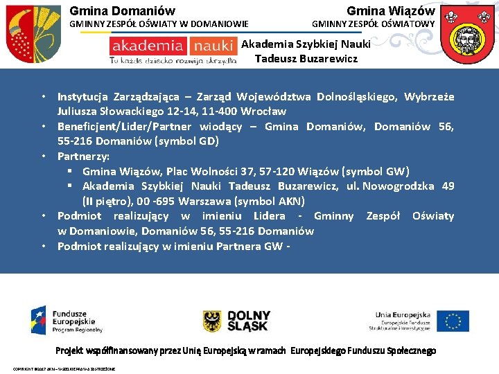 Gmina Domaniów GMINNY ZESPÓŁ OŚWIATY W DOMANIOWIE Gmina Wiązów GMINNY ZESPÓŁ OŚWIATOWY Akademia Szybkiej