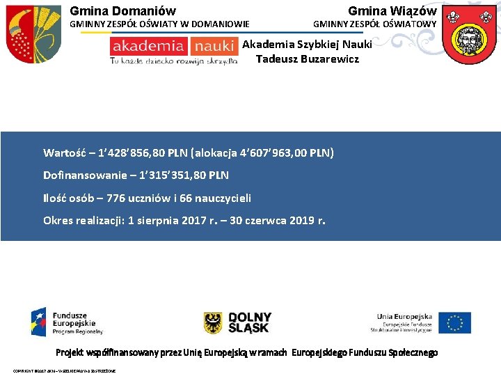 Gmina Domaniów GMINNY ZESPÓŁ OŚWIATY W DOMANIOWIE Gmina Wiązów GMINNY ZESPÓŁ OŚWIATOWY Akademia Szybkiej