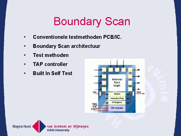 Boundary Scan • Conventionele testmethoden PCB/IC. • Boundary Scan architectuur • Test methoden •