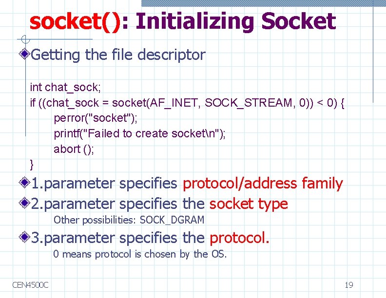 socket(): Initializing Socket Getting the file descriptor int chat_sock; if ((chat_sock = socket(AF_INET, SOCK_STREAM,