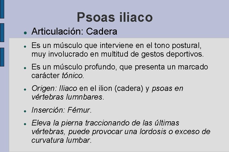 Psoas iliaco Articulación: Cadera Es un músculo que interviene en el tono postural, muy