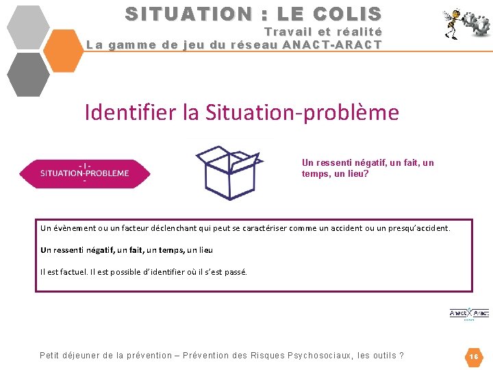 SITUATION : LE COLIS Travail et réalité La gamme de jeu du réseau ANACT-ARACT