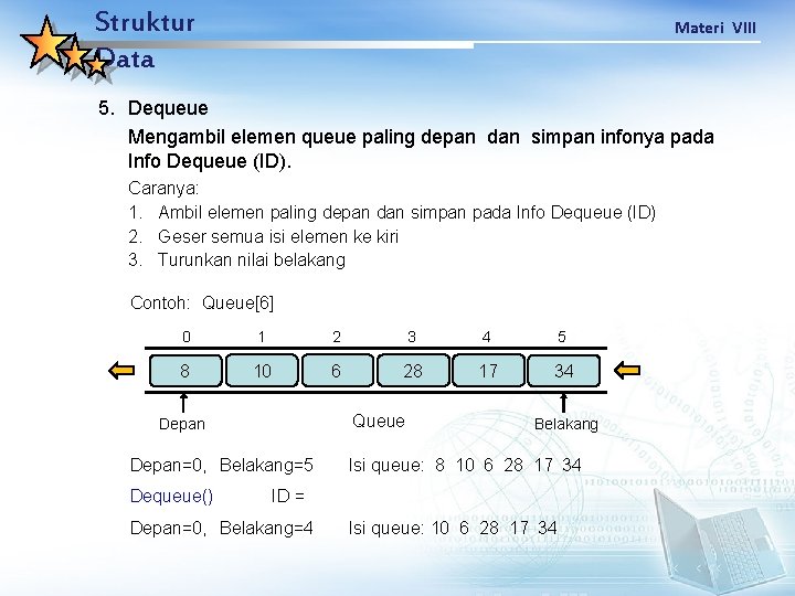 Struktur Data Materi VIII 5. Dequeue Mengambil elemen queue paling depan dan simpan infonya