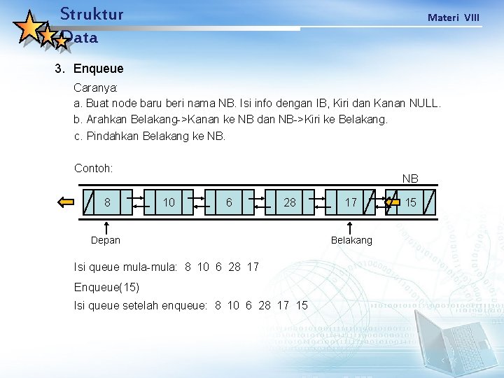 Struktur Data Materi VIII 3. Enqueue Caranya: a. Buat node baru beri nama NB.