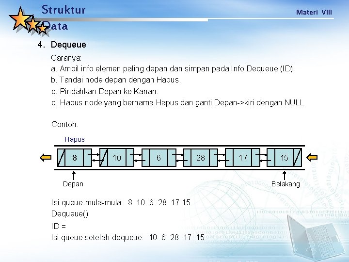 Struktur Data Materi VIII 4. Dequeue Caranya: a. Ambil info elemen paling depan dan