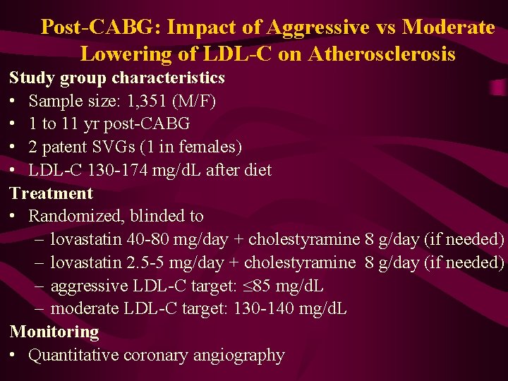 Post-CABG: Impact of Aggressive vs Moderate Lowering of LDL-C on Atherosclerosis Study group characteristics
