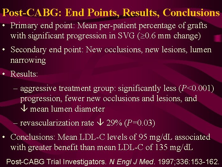 Post-CABG: End Points, Results, Conclusions • Primary end point: Mean per-patient percentage of grafts
