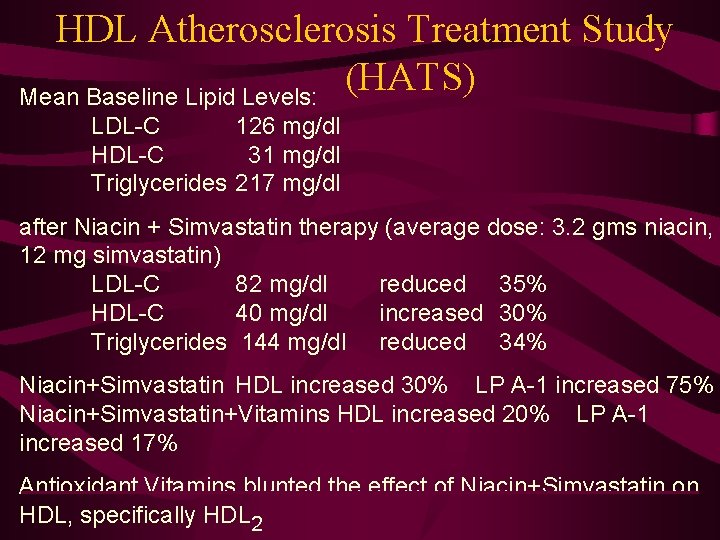 HDL Atherosclerosis Treatment Study (HATS) Mean Baseline Lipid Levels: LDL-C 126 mg/dl HDL-C 31