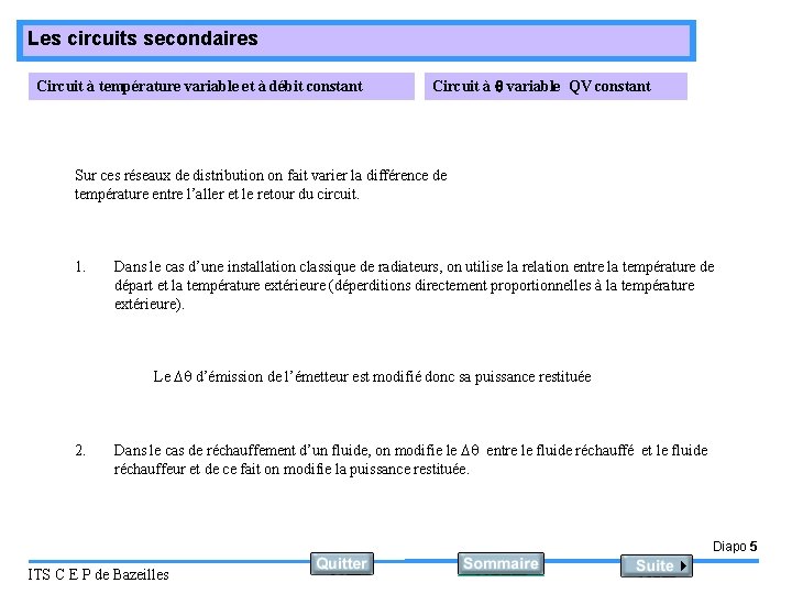 Les circuits secondaires Circuit à température variable et à débit constant Circuit à variable