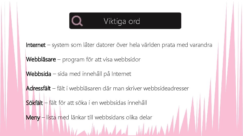 Viktiga ord Internet – system som låter datorer över hela världen prata med varandra