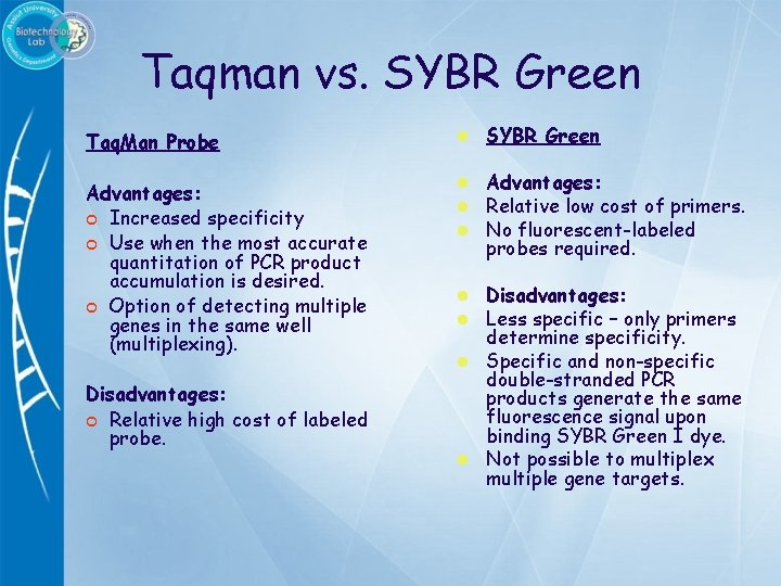 Taqman vs. SYBR Green Taq. Man Probe l SYBR Green Advantages: Increased specificity Use