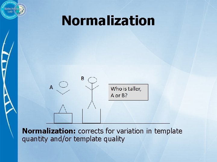 Normalization: corrects for variation in template quantity and/or template quality 