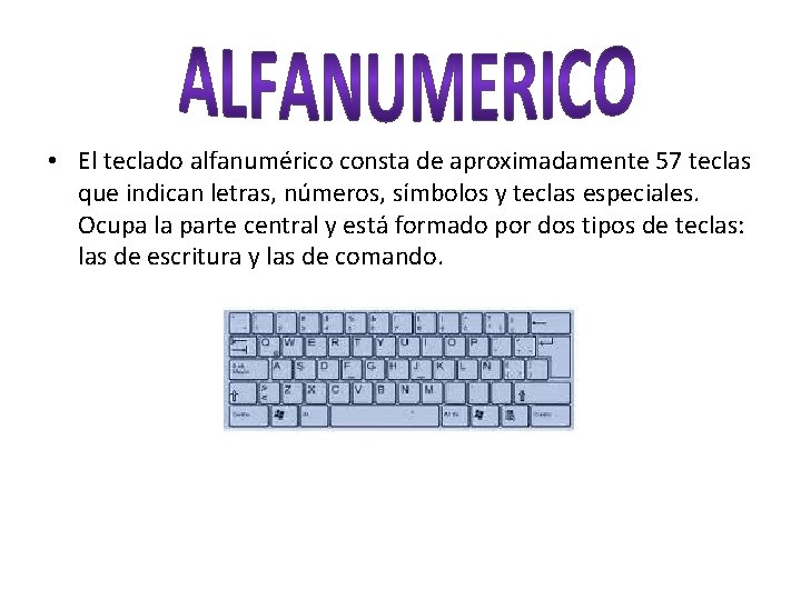  • El teclado alfanumérico consta de aproximadamente 57 teclas que indican letras, números,