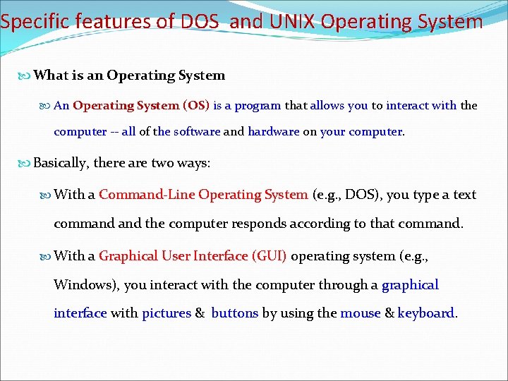 Specific features of DOS and UNIX Operating System What is an Operating System An
