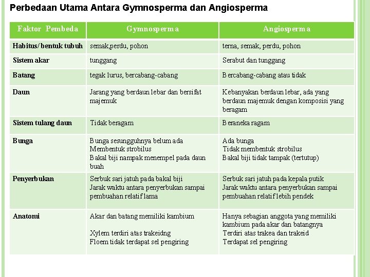 Perbedaan Utama Antara Gymnosperma dan Angiosperma Faktor Pembeda Gymnosperma Angiosperma Habitus/ bentuk tubuh semak,