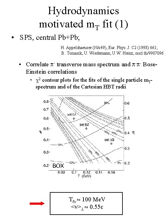 Hydrodynamics motivated m. T fit (1) • SPS, central Pb+Pb; H. Appelshaeuser (NA 49),