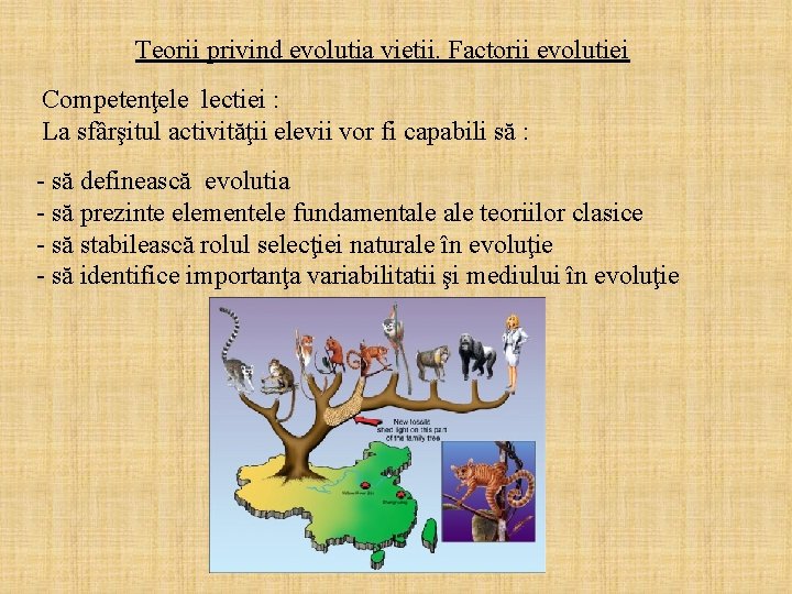 Teorii privind evolutia vietii. Factorii evolutiei Competenţele lectiei : La sfârşitul activităţii elevii vor