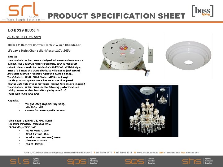 PRODUCT SPECIFICATION SHEET LG-BOSS-DDJ 50 -4 CHANDELIER LIFT- 50 KG 4 M Remote Control