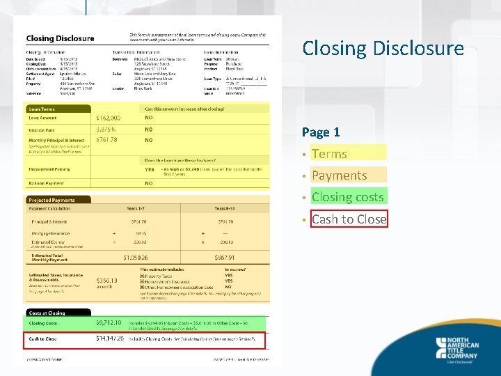 Closing Disclosure Page 1 § Terms § Payments § Closing costs § Cash to