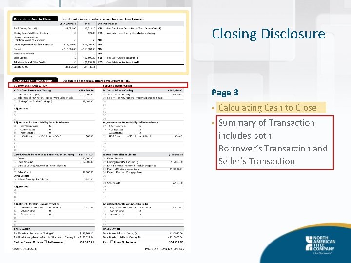 Closing Disclosure Page 3 § Calculating Cash to Close § Summary of Transaction includes