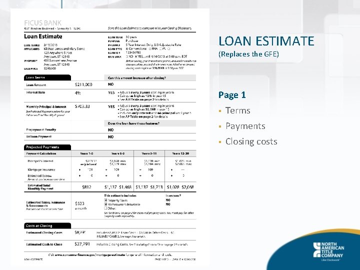 LOAN ESTIMATE (Replaces the GFE) Page 1 § Terms § Payments § Closing costs