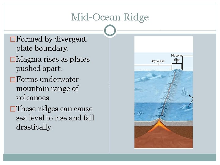 Mid-Ocean Ridge �Formed by divergent plate boundary. �Magma rises as plates pushed apart. �Forms