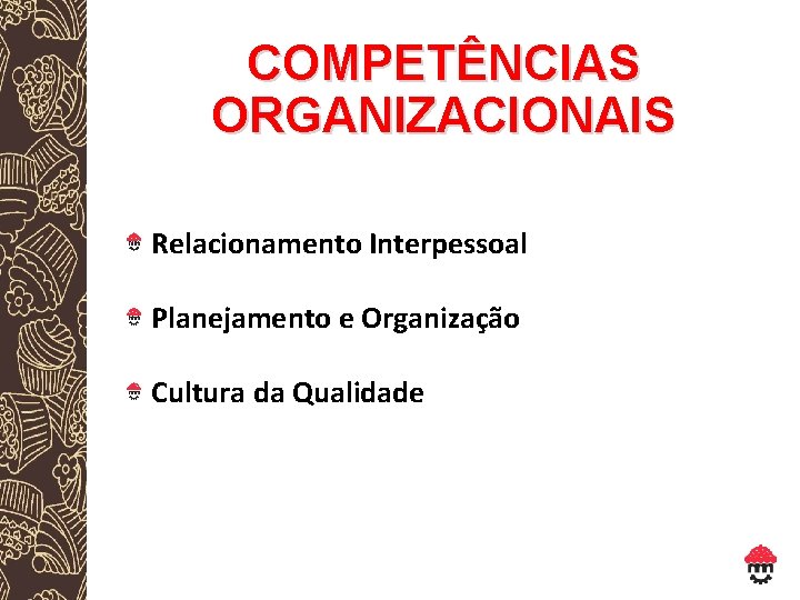 COMPETÊNCIAS ORGANIZACIONAIS Relacionamento Interpessoal Planejamento e Organização Cultura da Qualidade 