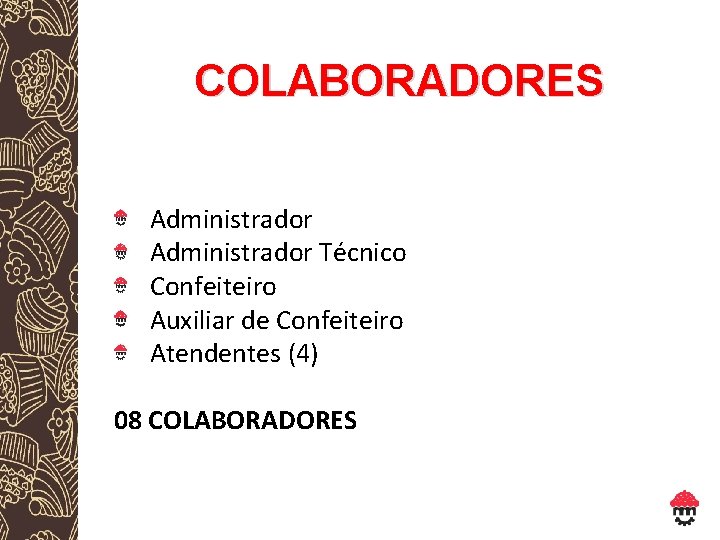 COLABORADORES Administrador Técnico Confeiteiro Auxiliar de Confeiteiro Atendentes (4) 08 COLABORADORES 