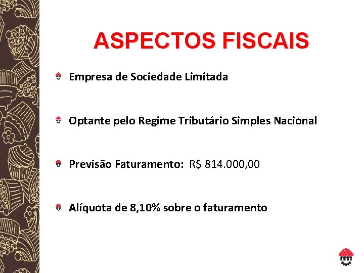ASPECTOS FISCAIS Empresa de Sociedade Limitada Optante pelo Regime Tributário Simples Nacional Previsão Faturamento: