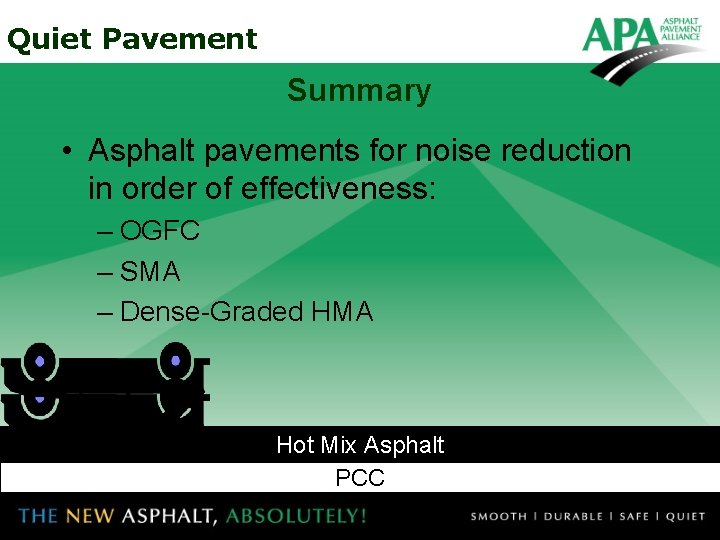 Quiet Pavement Summary • Asphalt pavements for noise reduction in order of effectiveness: –