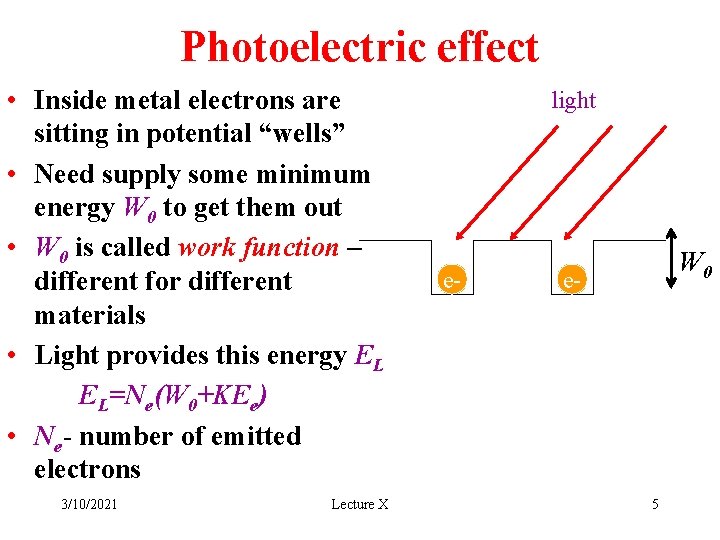 Photoelectric effect • Inside metal electrons are sitting in potential “wells” • Need supply