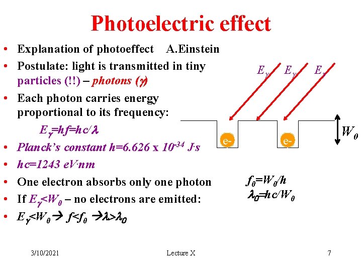 Photoelectric effect • Explanation of photoeffect A. Einstein • Postulate: light is transmitted in