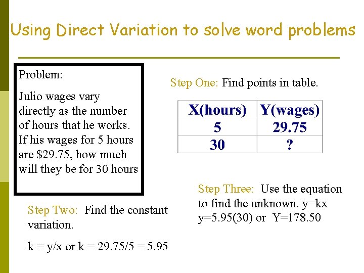 Using Direct Variation to solve word problems Problem: Step One: Find points in table.