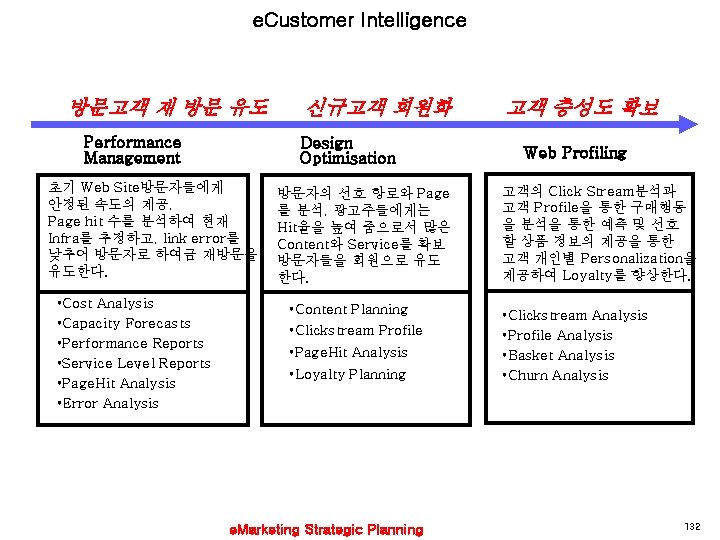 e. Customer Intelligence 방문고객 재 방문 유도 Performance Management Design Optimisation 초기 Web Site방문자들에게