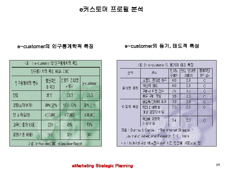 e커스토머 프로필 분석 인구통계학적 특징 e-customer의 e-customer의 동기, 태도적 특성 e. Marketing Strategic Planning