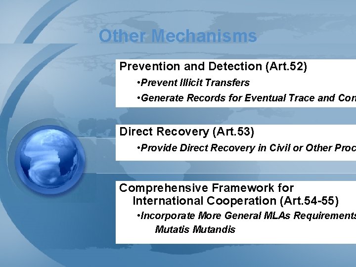 Other Mechanisms Prevention and Detection (Art. 52) • Prevent Illicit Transfers • Generate Records