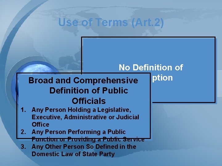 Use of Terms (Art. 2) No Definition of Corruption Broad and Comprehensive Definition of