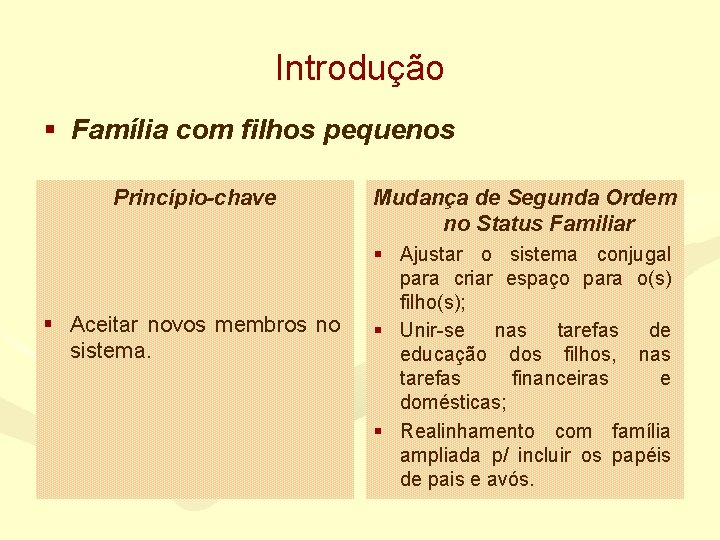 Introdução § Família com filhos pequenos Princípio-chave § Aceitar novos membros no sistema. Mudança