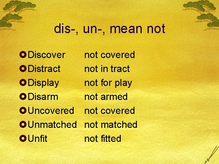 dis-, un-, mean not £Discover £Distract £Display £Disarm £Uncovered £Unmatched £Unfit not covered not