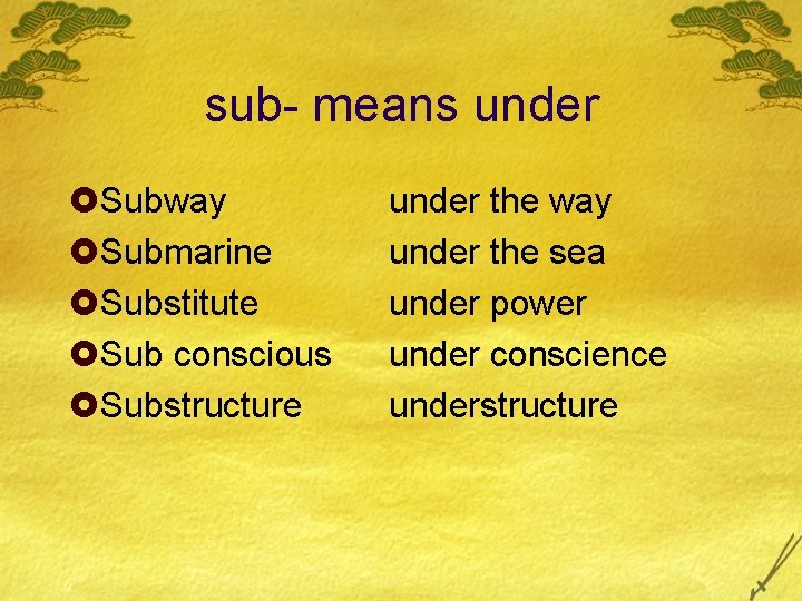 sub- means under £Subway £Submarine £Substitute £Sub conscious £Substructure under the way under the