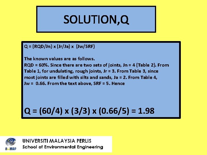 SOLUTION, Q Q = (RQD/Jn) x (Jr/Ja) x (Jw/SRF) The known values are as