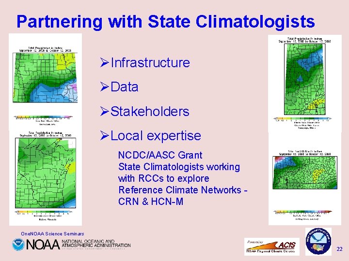 Partnering with State Climatologists ØInfrastructure ØData ØStakeholders ØLocal expertise NCDC/AASC Grant State Climatologists working