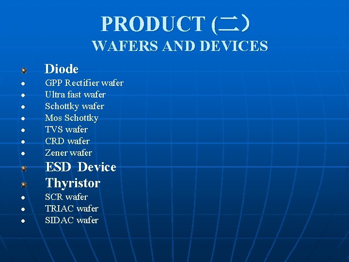 PRODUCT (二） WAFERS AND DEVICES Diode l l l l GPP Rectifier wafer Ultra