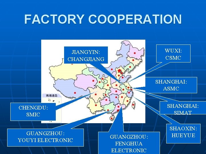 FACTORY COOPERATION WUXI: CSMC JIANGYIN: CHANGJIANG SHANGHAI: ASMC SHANGHAI: SIMAT CHENGDU: SMIC GUANGZHOU: YOUYI