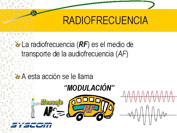 RADIOFRECUENCIA La radiofrecuencia (RF) es el medio de transporte de la audiofrecuencia (AF) A