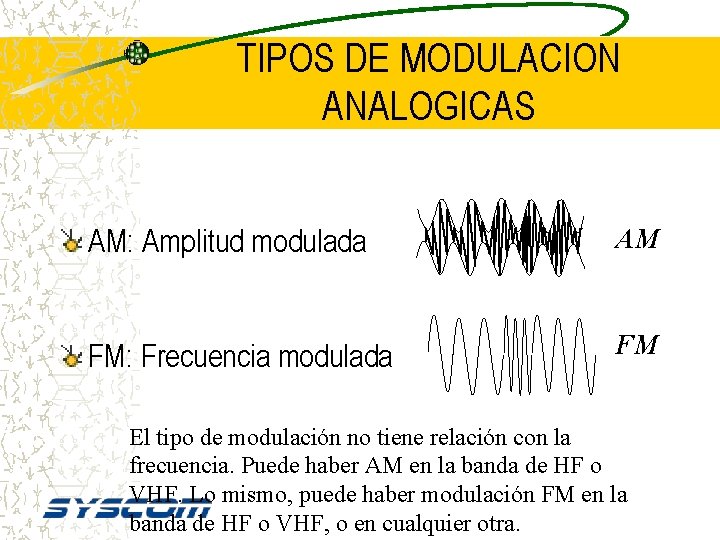 TIPOS DE MODULACION ANALOGICAS AM: Amplitud modulada AM FM: Frecuencia modulada FM El tipo