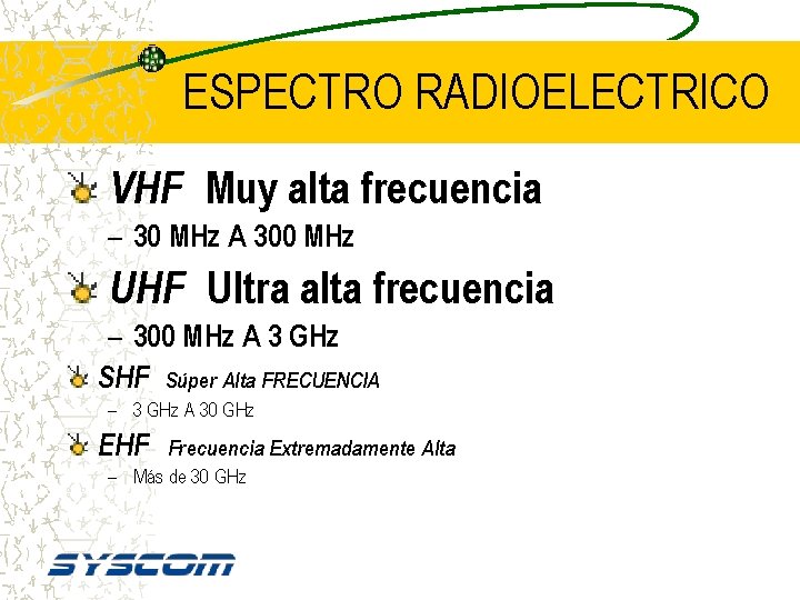 ESPECTRO RADIOELECTRICO VHF Muy alta frecuencia – 30 MHz A 300 MHz UHF Ultra