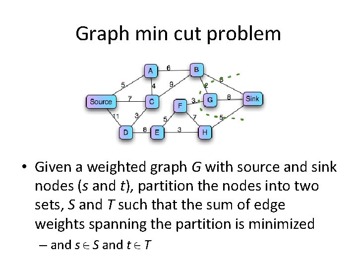 Graph min cut problem • Given a weighted graph G with source and sink Graph min cut problem • Given a weighted graph G with source and sink